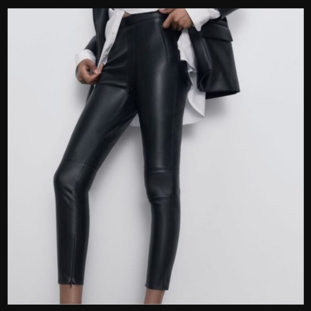 Zara Made in Turkey High Rise Ankle Zippers Black Faux Leather Slim Jeans wmns S - Picture 4 of 17